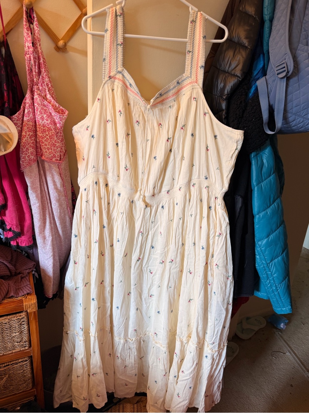 NWOT Old Navy Cream Sundress with Pink & Blue Embroidery